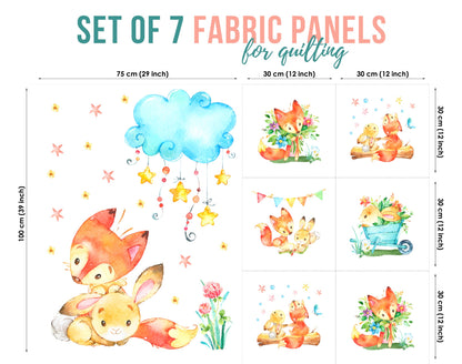 Set of 7 fabric panels featuring colorful illustrations of fox and bunny characters in various poses and a cloud, designed for quilting and crafting.