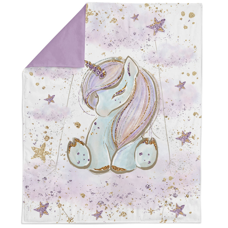 Unicorn design on a soft purple fabric with star patterns