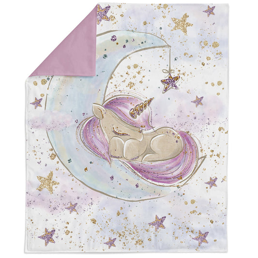 A fabric panel with a unicorn and moon design, intended for quilting and sewing into bed linen or blankets.