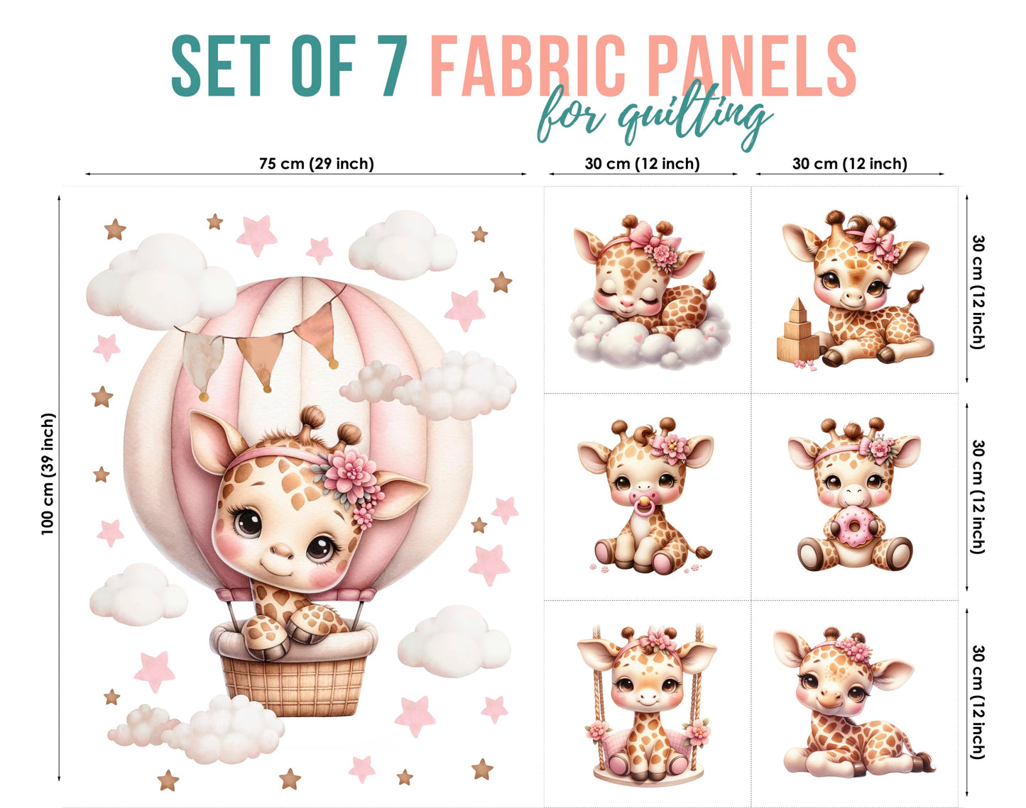 Set of 7 fabric panels for quilting with cartoon giraffe designs and measurements.
