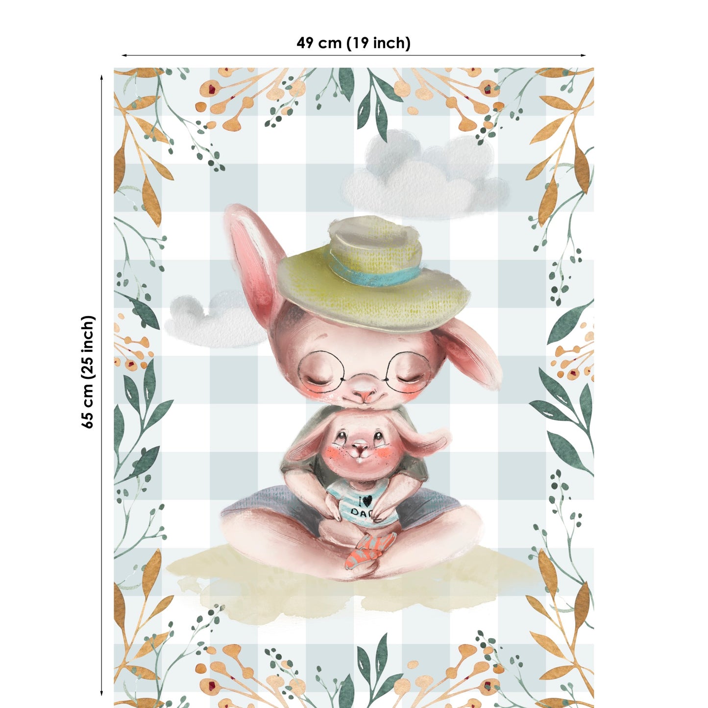 Illustration of two rabbits wearing hats and glasses on a floral and checkered background with dimensions.