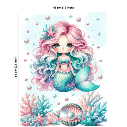 Fabric panel of a mermaid with pink and blue hair surrounded by corals and shells, with dimensions indicated.