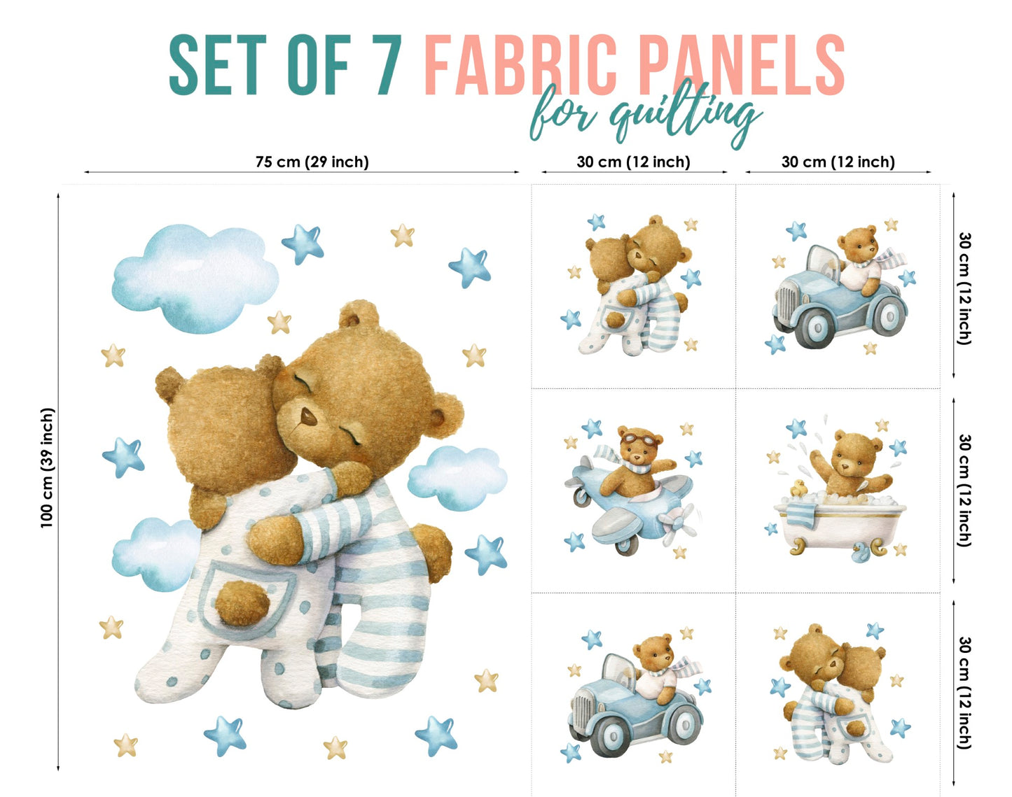 A set of seven fabric panels featuring cute bear designs in various poses and with different backdrops, indicating use for quilting or crafting.
