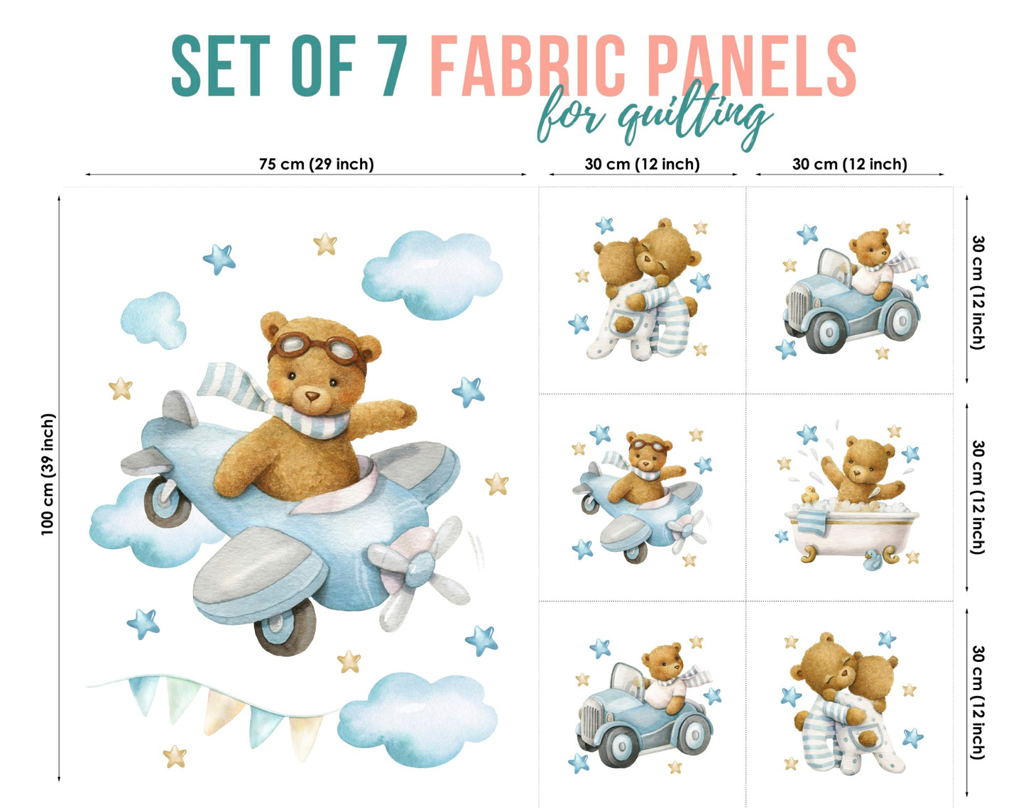 Cute Baby Teddy Bear Fabric Panels for Quilting