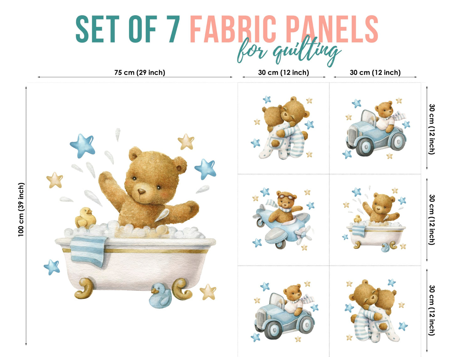 Cute Baby Teddy Bear Fabric Panels for Quilting