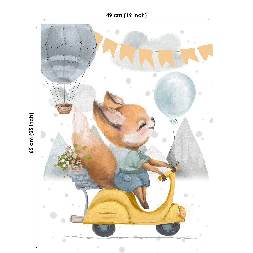 Fabric panel of a fox riding a scooter with balloons and a hot air balloon in the background, 49x65cm