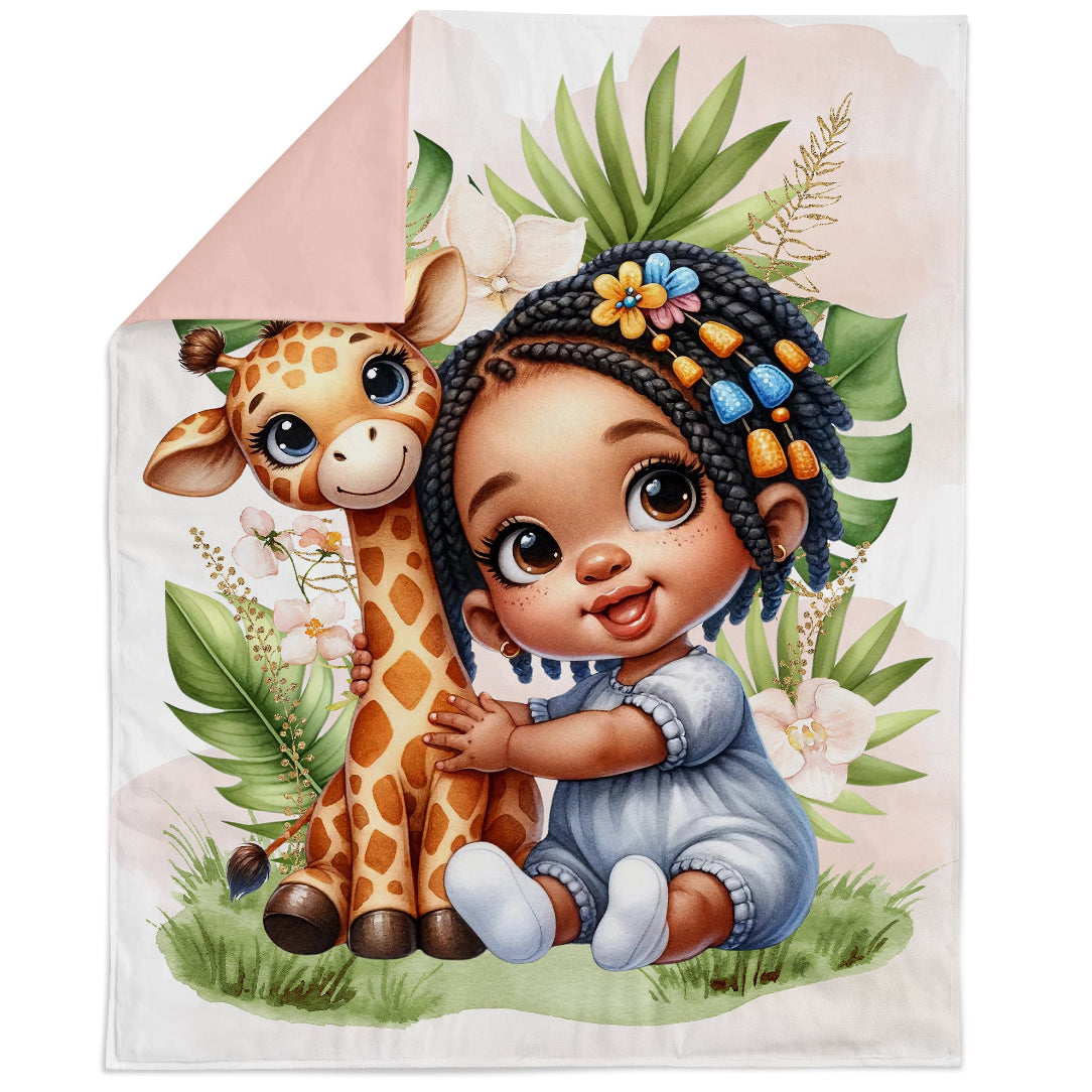 Children's blanket with a cartoon girl holding a giraffe and floral decorations.