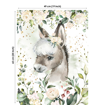 Illustration of a donkey surrounded by flowers and leaves with dimensions indicated.