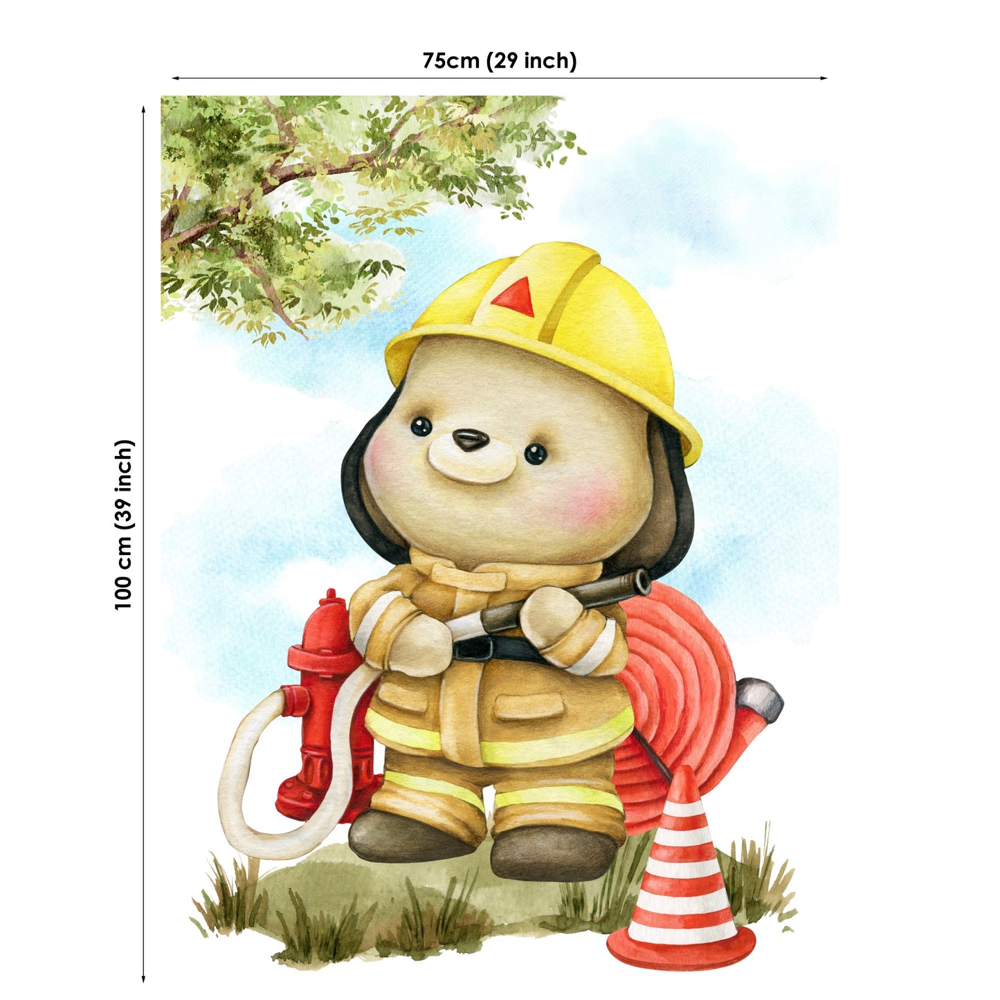 Illustration of a cartoon bear with a fireman hat and hose, set against a light blue sky with greenery.