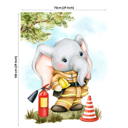 Illustration of an elephant in a firefighter outfit with a fire extinguisher, surrounded by trees and a cone.
