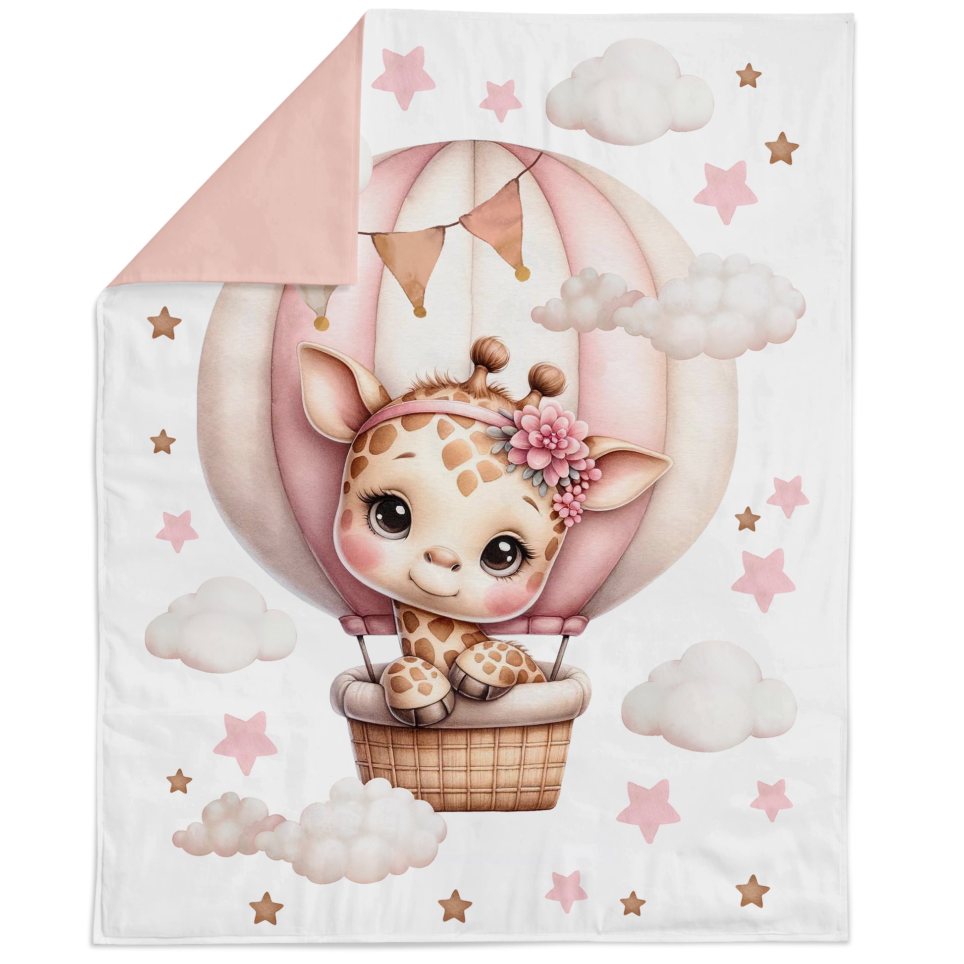 Baby blanket with a cartoon giraffe in a hot air balloon design on a white background.