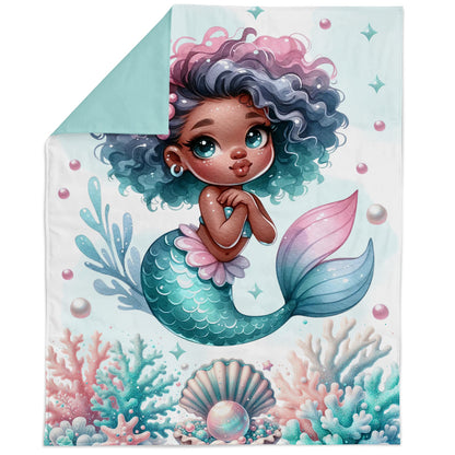 Fabric panel of a balck mermaid with a colorful tail and hair on a white background.