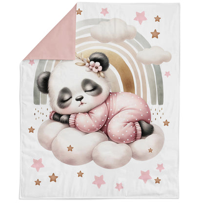 Blanket with a sleeping panda design on a white background