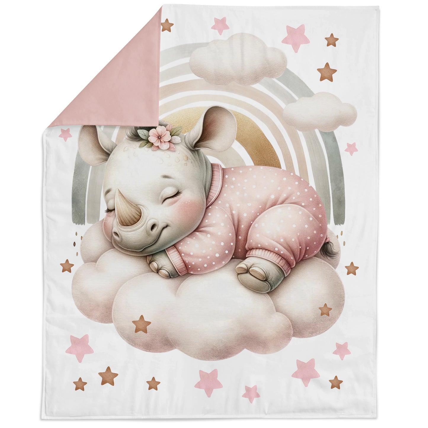 Blanket with a rhino design on a cloud and rainbow, surrounded by stars.