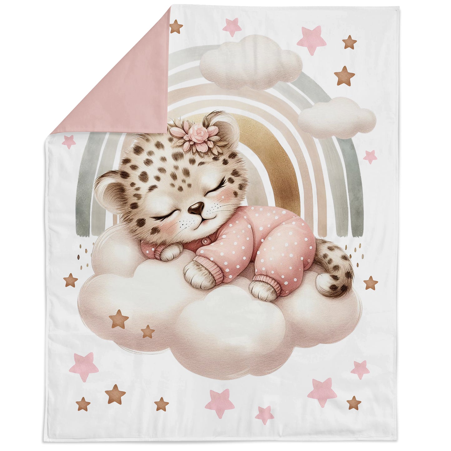 Blanket with a cartoon leopard in pink pajamas on a cloud, surrounded by stars and a rainbow.