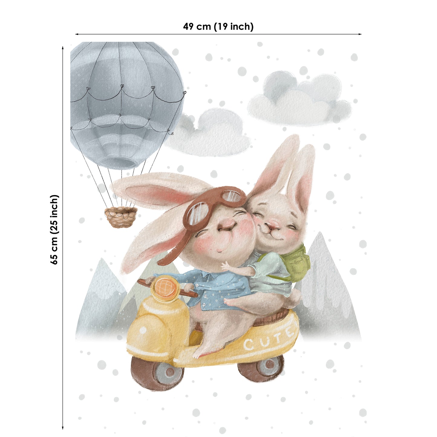 Illustration of two bunnies on a scooter with a hot air balloon in the background, dimensions indicated.