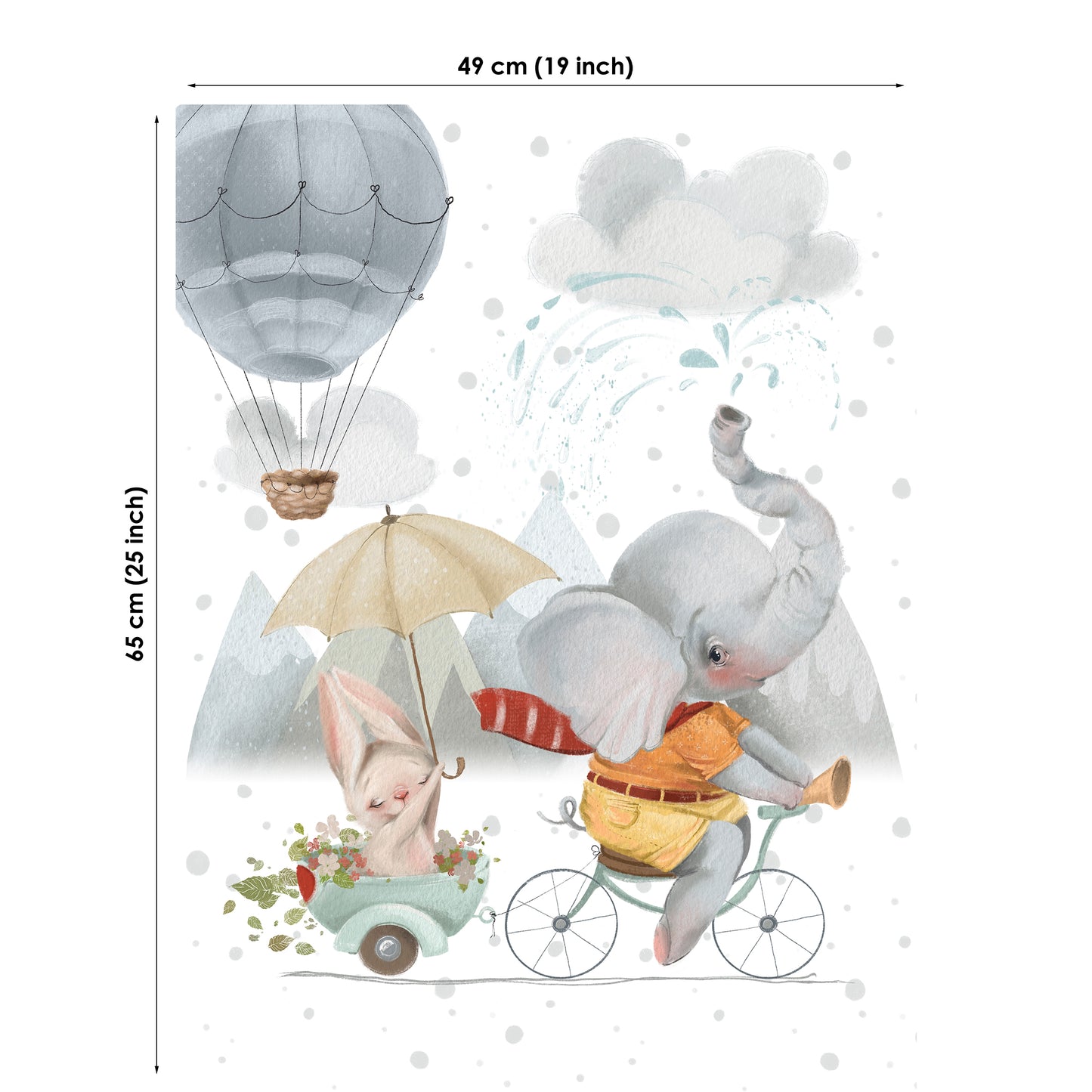 Illustration of a elephant and rabbit on a tricycle with a hot air balloon and umbrella in the background, with dimensions displayed.