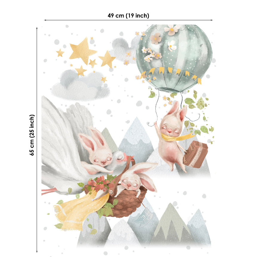 Fabric with rabbits, balloons, and mountains with dimensions on a white background