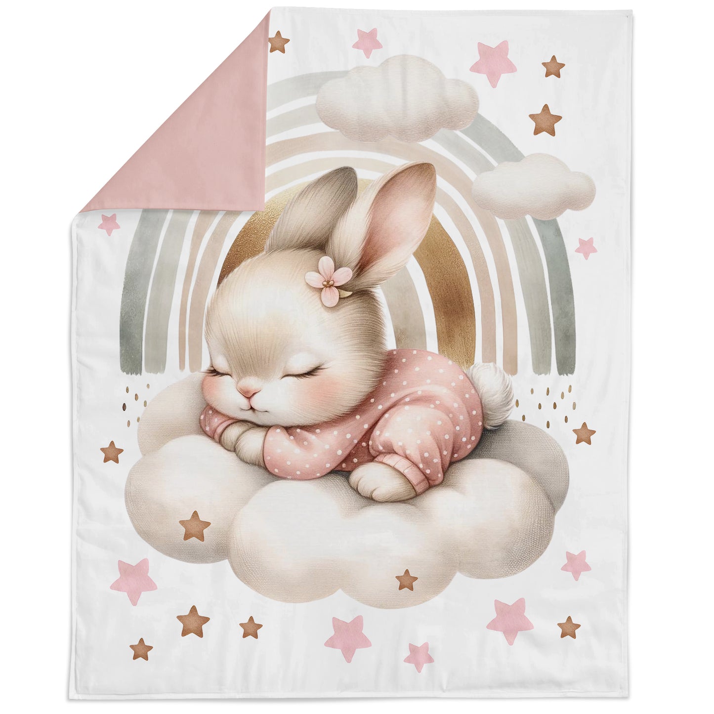Children's blanket with a cartoon bunny on a cloud, rainbow, and stars design.