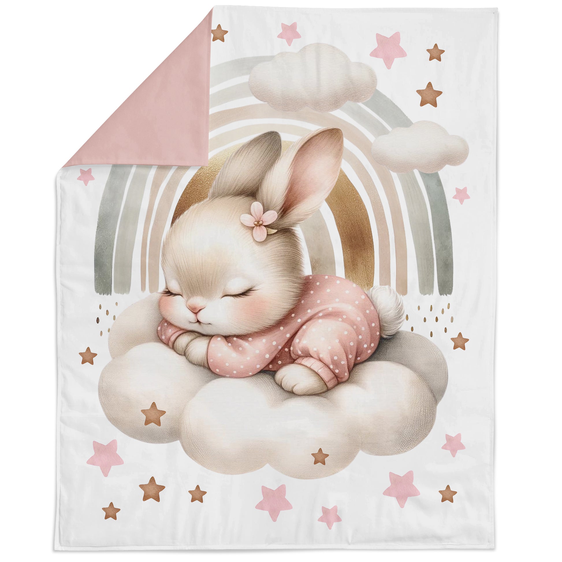 Children's blanket with a cartoon bunny on a cloud, rainbow, and stars design.
