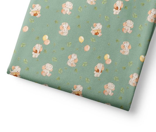 Green coordinating fabric with elephant and flower pattern