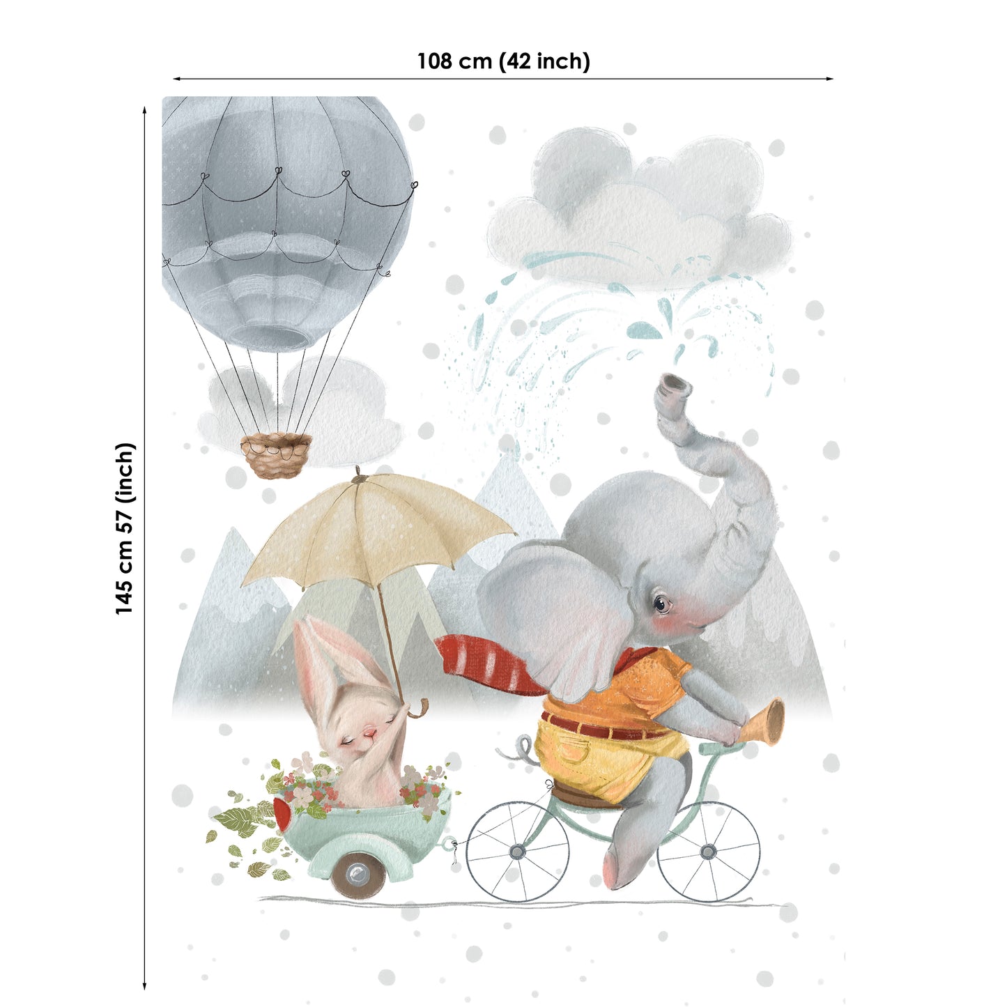 Illustration of an elephant and rabbit with a hot air balloon and umbrella, with dimensions displayed.
