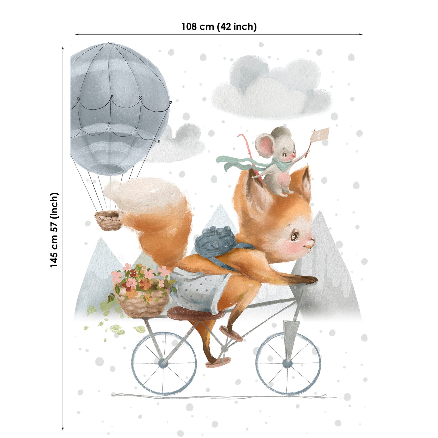 Fabric of a fox riding a bicycle with a hot air balloon and mouse character, with dimensions indicated.