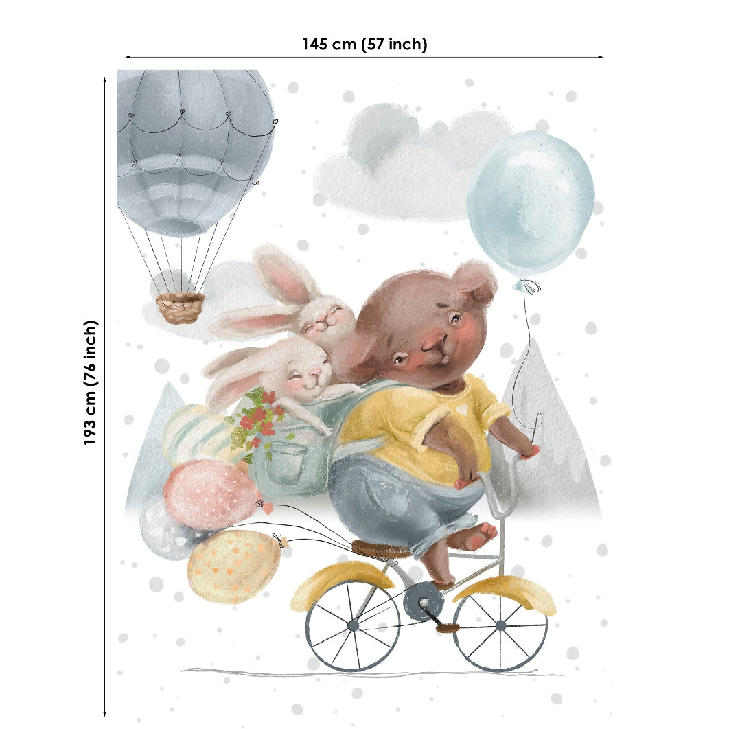 Illustration of a rabbit and a bear riding a bicycle with balloons and a hot air balloon in the background, with dimensions provided.