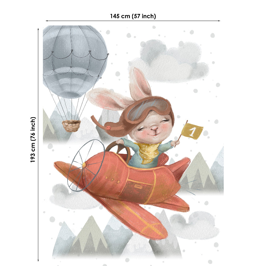 Illustration of a rabbit in an airplane with hot air balloons and mountains in the background