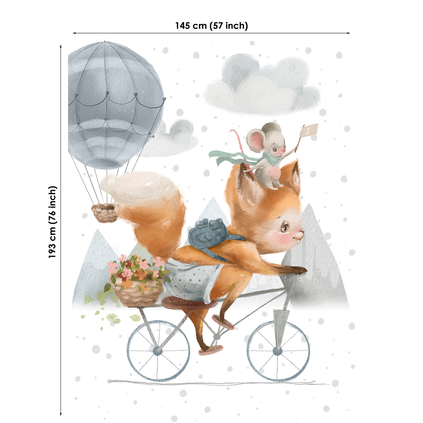 Fabric of a fox riding a bicycle with a hot air balloon and mouse character, with dimensions displayed.
