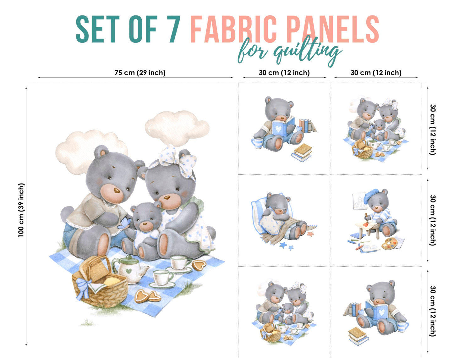 A set of 7 fabric panels featuring cute bear family motifs, in various sizes, intended for sewing quilts or crafts.