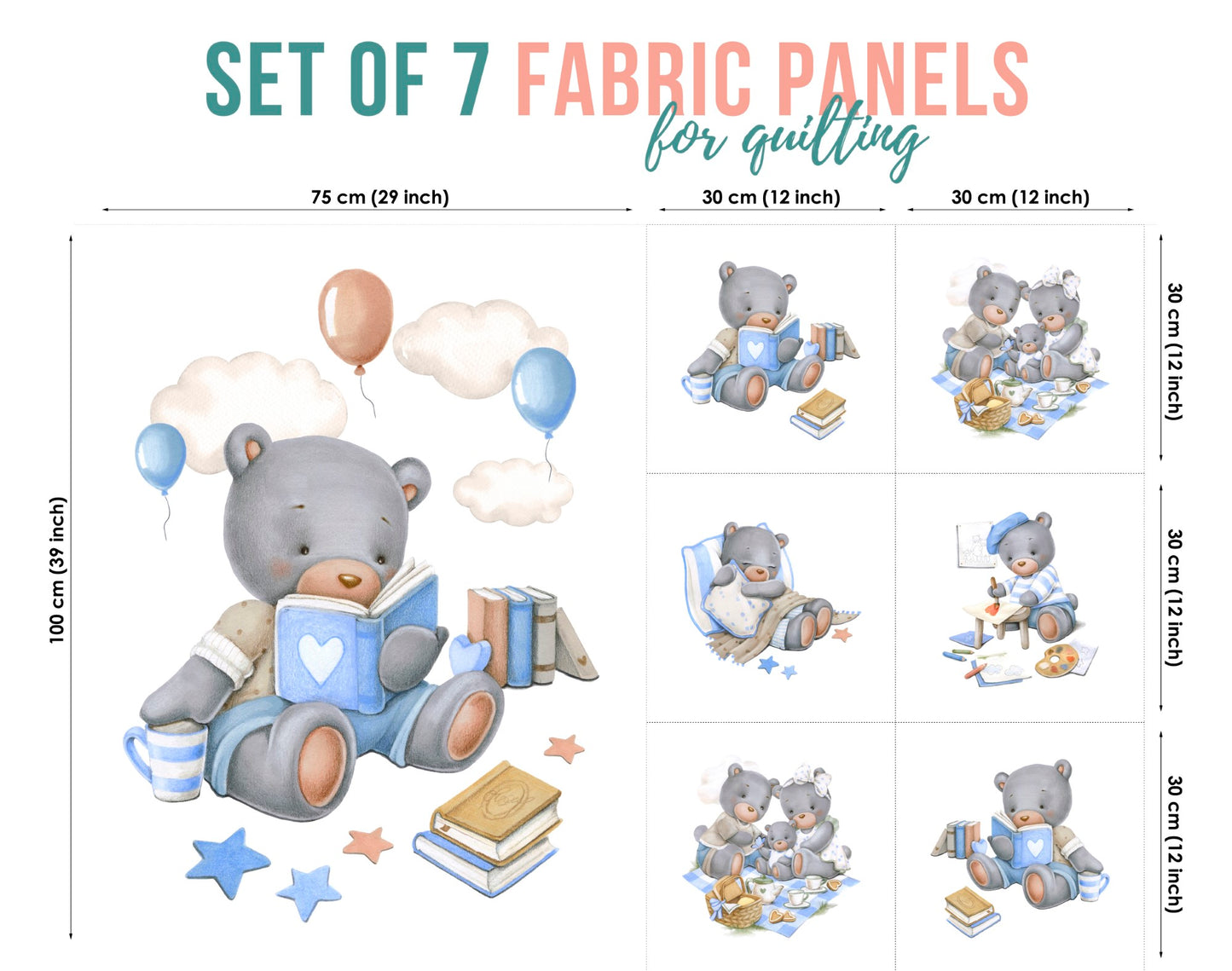 A set of 7 fabric panels featuring illustrated bear characters in various playful poses with books, intended for sewing quilts or crafts.