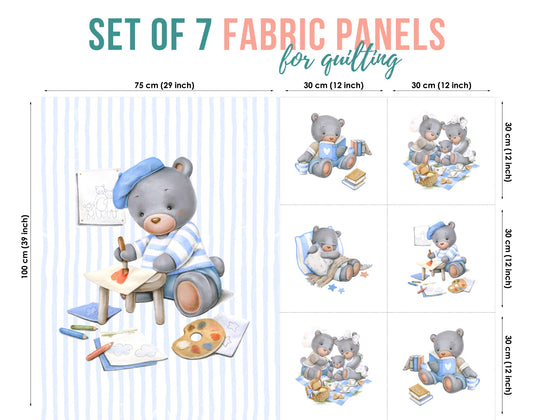 Set of 7 fabric panels featuring various cute bear illustrations, intended for quilting and crafts.