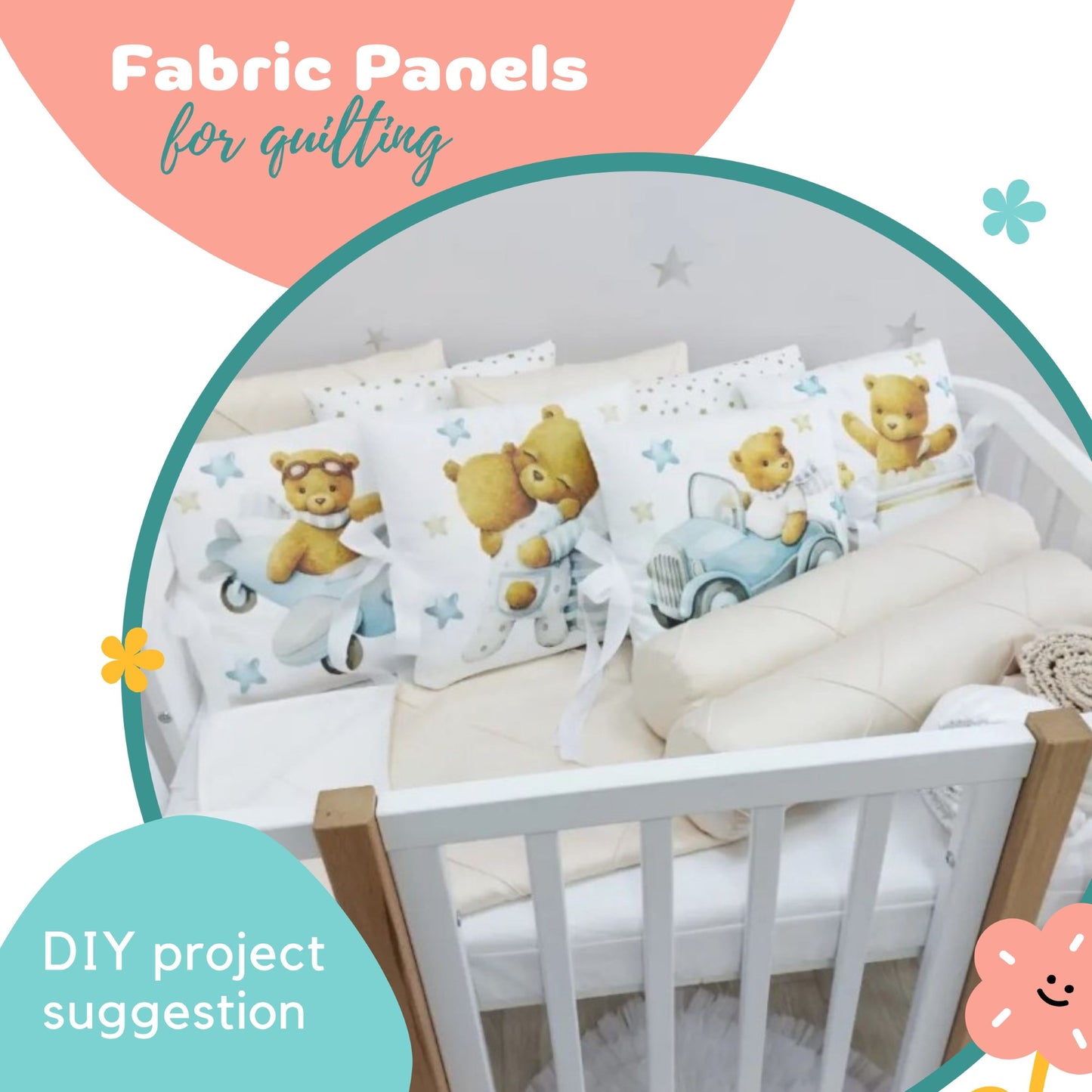 Cute Baby Teddy Bear Fabric Panels for Quilting
