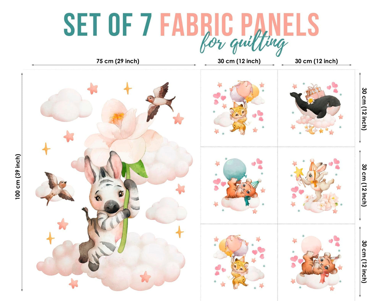 Set of 7 fabric panels featuring various cute animal characters in pastel colors, designed for quilting and crafts.