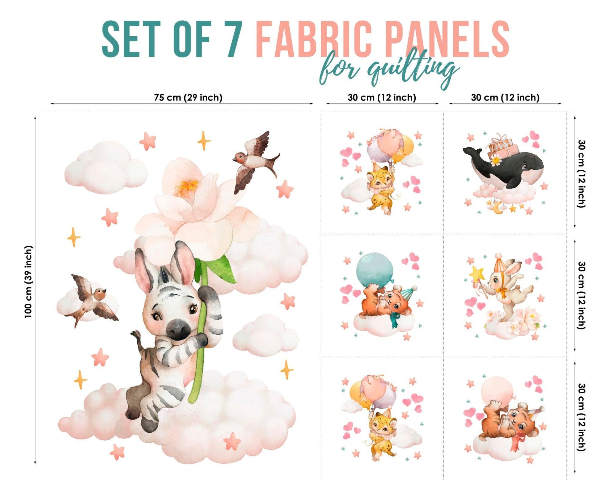 Set of 7 fabric panels featuring various cute animal characters in pastel colors, designed for quilting and crafts.