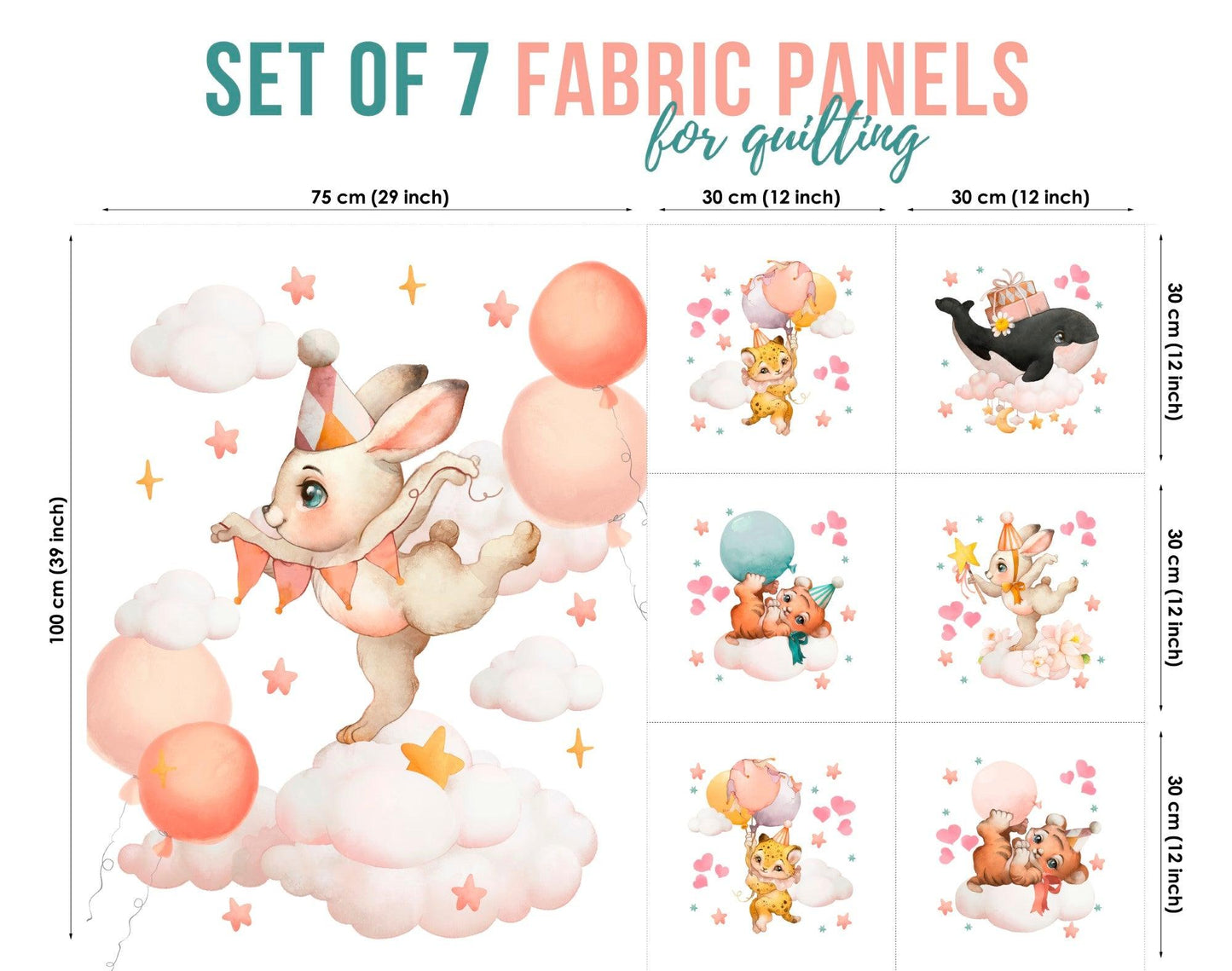 Set of 7 fabric panels featuring illustrated bunny characters in various poses and expressions, intended for sewing and quilting projects.