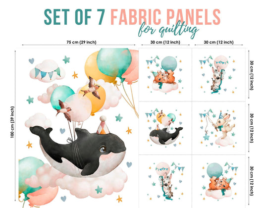 A set of 7 fabric panels featuring whimsical illustrations such as a whale in party attire and various festive elements like balloons and stars.
