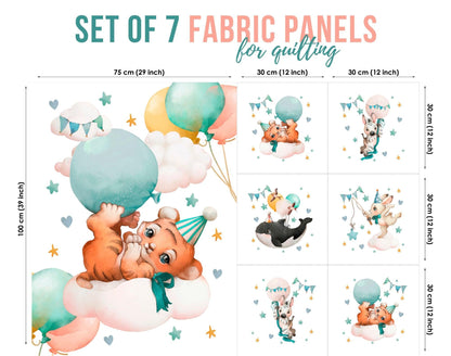 A collection of seven fabric panels featuring various designs such as a bear, a cake, and balloons, with measurements provided for each panel.