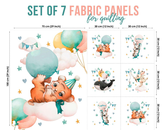 A collection of seven fabric panels featuring various designs such as a bear, a cake, and balloons, with measurements provided for each panel.