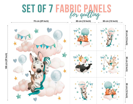 A set of 7 fabric panels with various designs, including a zebra, a cloud, and a balloon, intended for quilting and crafts.