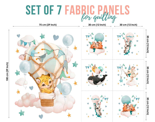 A set of 7 fabric panels with various designs including a hot air balloon, a bear, a shark, and other cute animal-themed graphics, primarily in pastel colors.