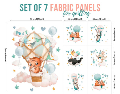 A set of 7 fabric panels with various designs, including a bear in a hot air balloon, a seahorse, and other fantastical elements.