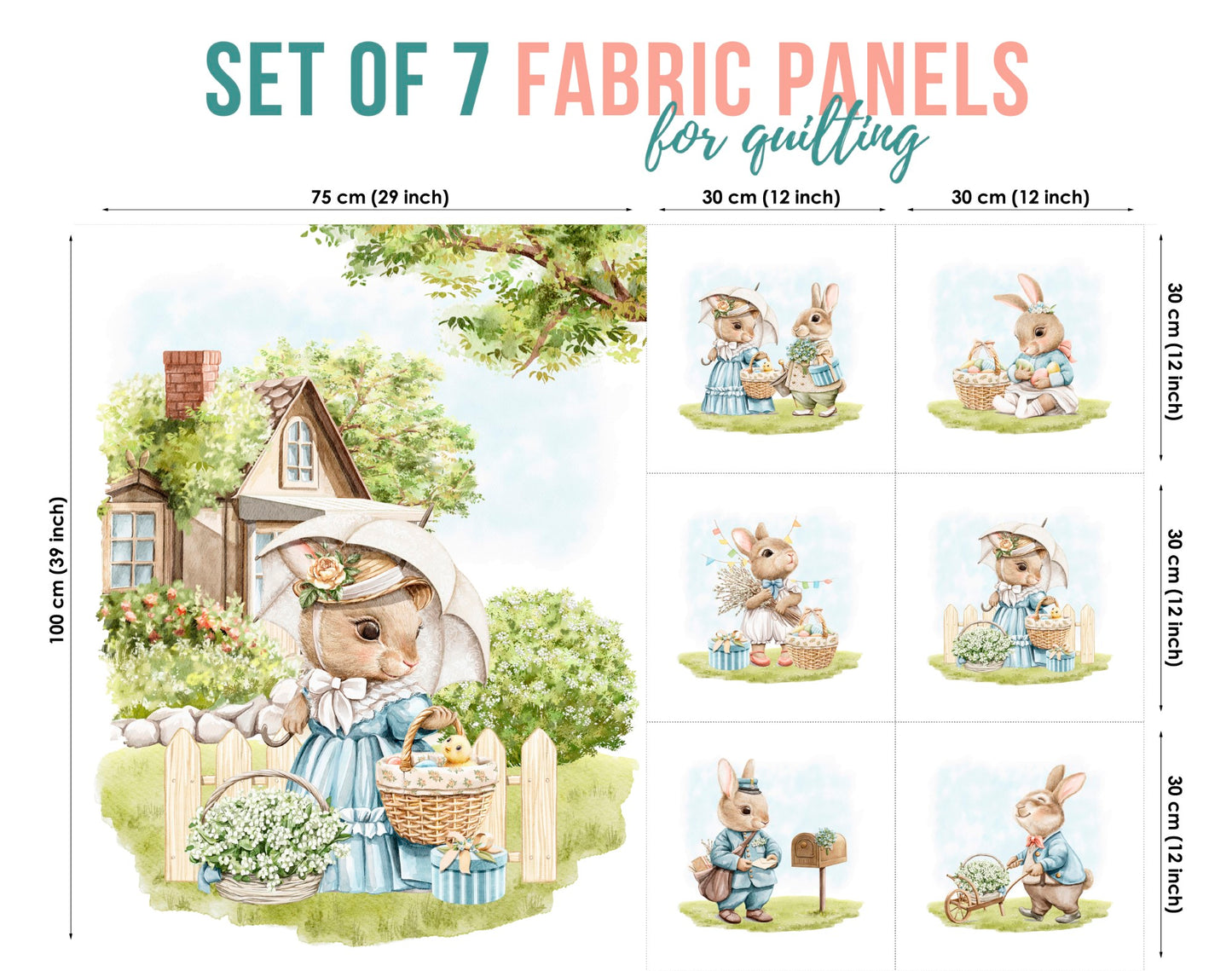 A set of 7 fabric panels featuring illustrations of an Easter rabbit family engaging in various activities, such as shopping for Easter treats and gardening, against a pastoral background.