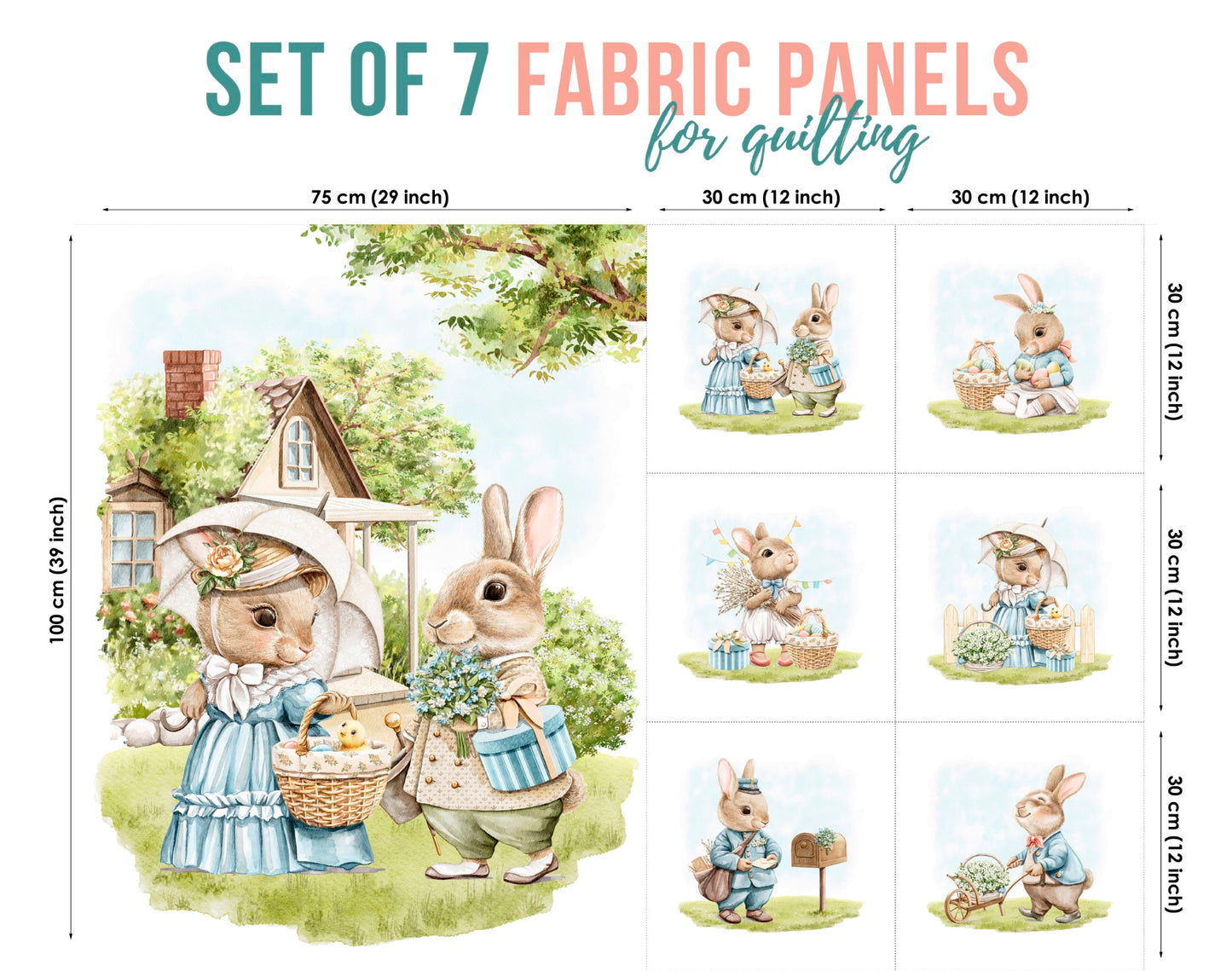 A set of 7 fabric panels featuring illustrations of an Easter rabbit family engaging in various activities, such as shopping for Easter treats and gardening.