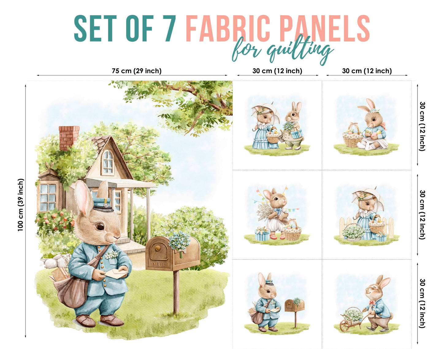 Set of 7 fabric panels featuring illustrations of an Easter rabbit family, with various sizes and a theme of spring and family life.