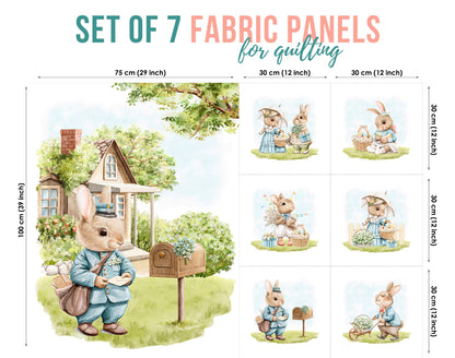 Set of 7 fabric panels featuring illustrations of an Easter rabbit family, with various sizes and a theme of spring and family life.