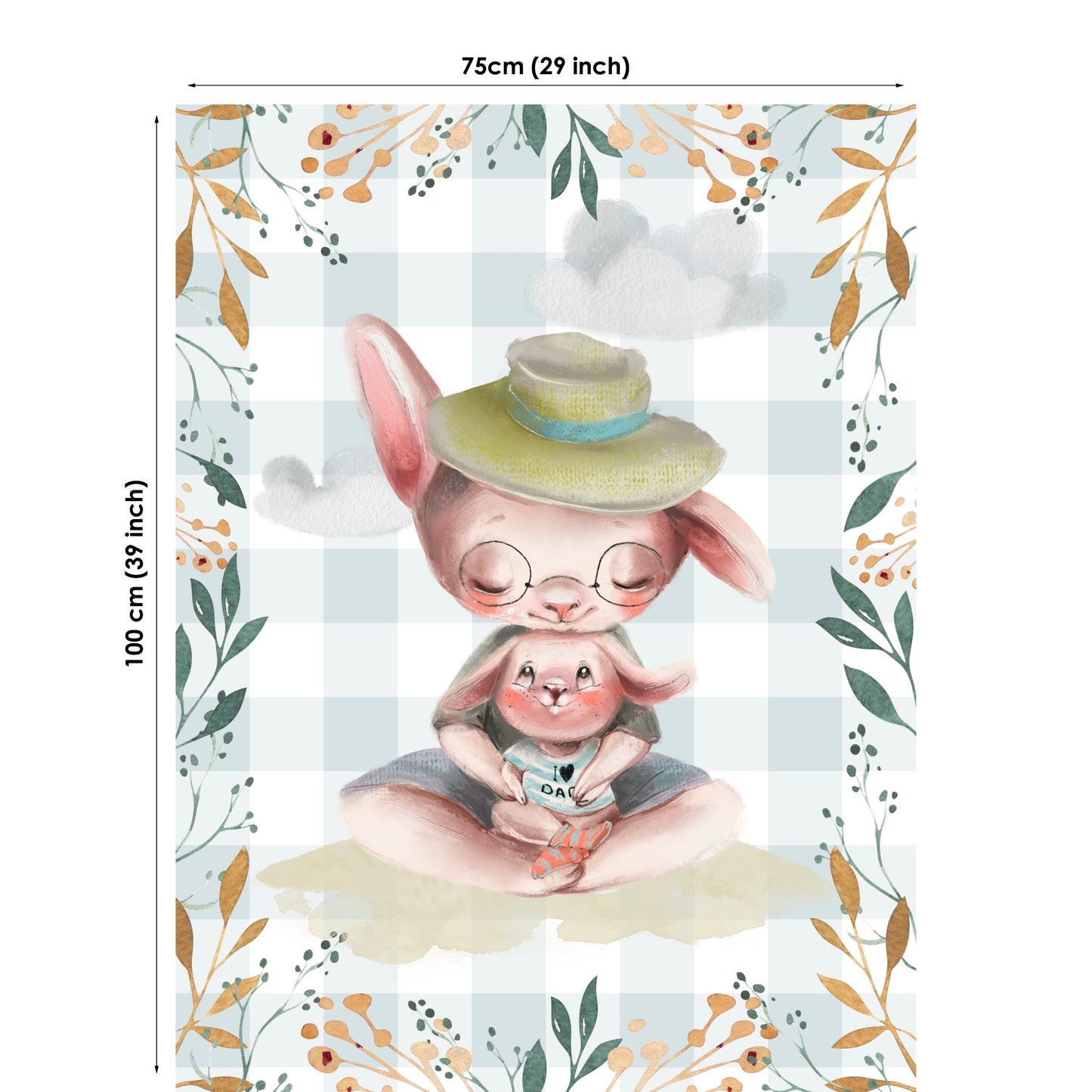 Illustration of two rabbits wearing hats and glasses on a floral and checkered background with dimensions.