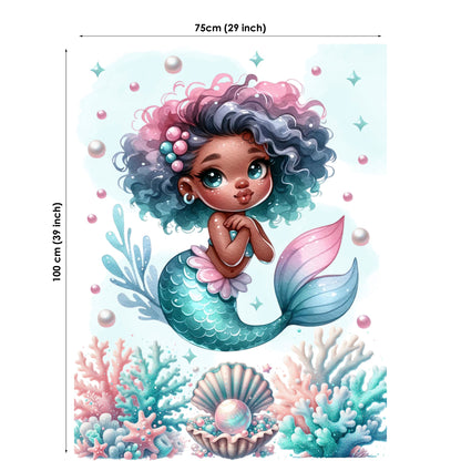 Fabric panel of a balck mermaid with a colorful tail and hair on a white background.