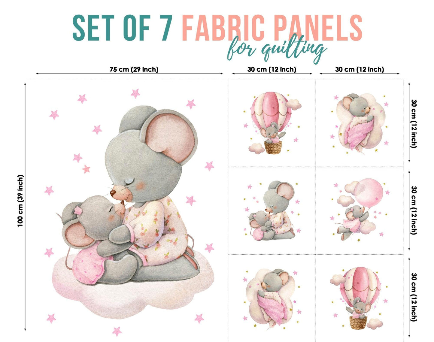 Set of 7 fabric panels featuring cute mouse designs in various sizes, intended for quilting and crafts.